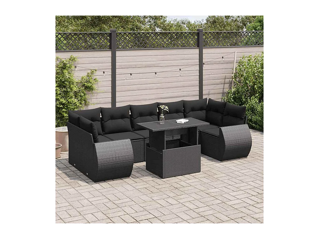8 peças conjunto sofás de jardim com almofadões vime PE preto
