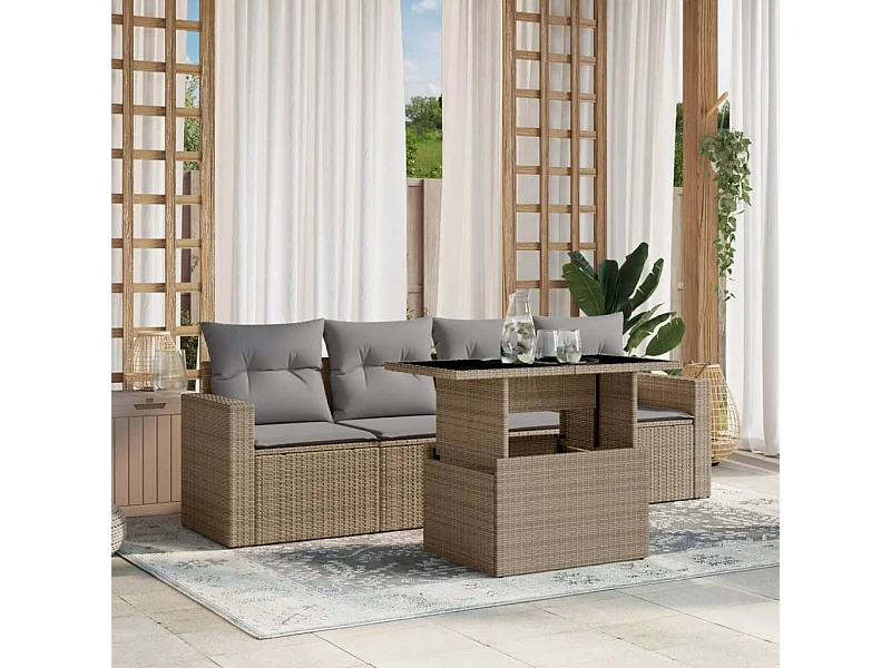 Salon de jardin avec coussins 5 pièces beige résine tressée