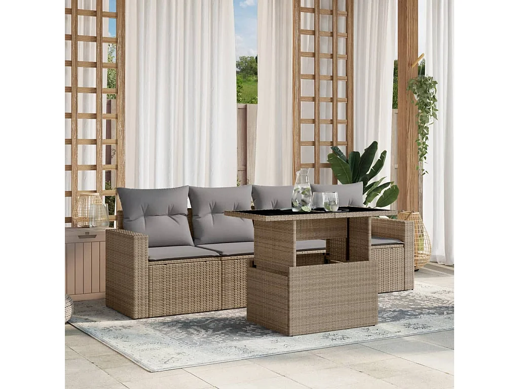 Salon de jardin avec coussins 5 pièces beige résine tressée