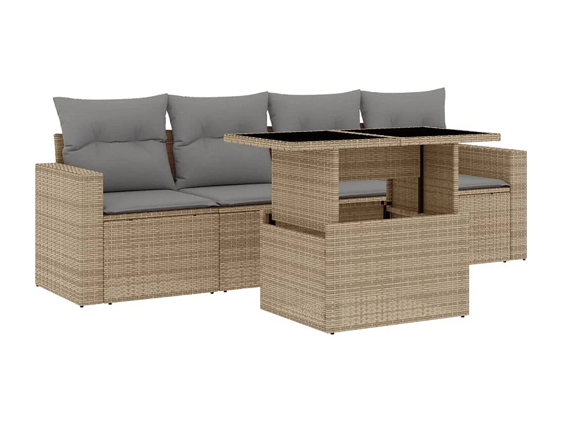 Salon de jardin avec coussins 5 pièces beige résine tressée