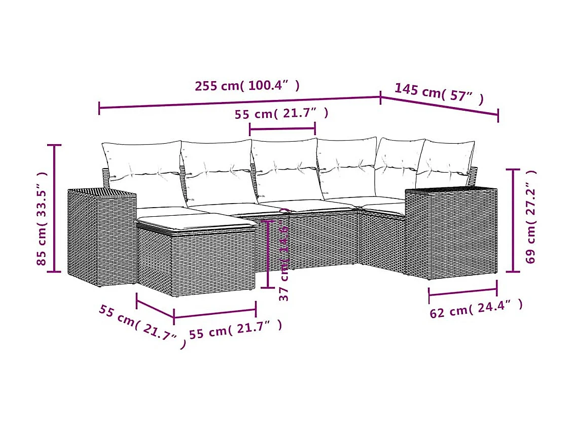 6-delige Loungeset met kussens poly rattan bruin