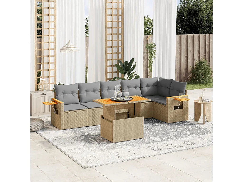 7-delige Loungeset met kussens poly rattan beige