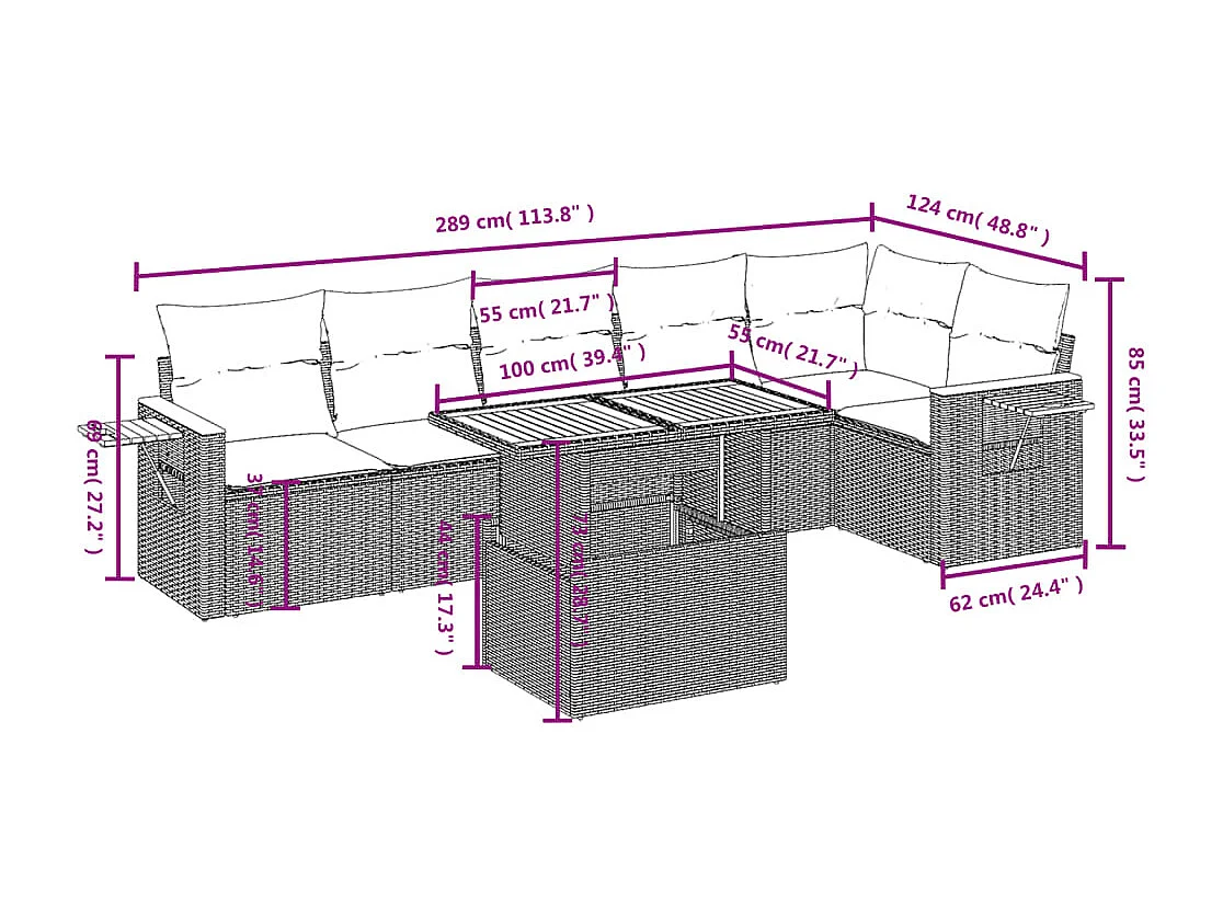 7-delige Loungeset met kussens poly rattan beige
