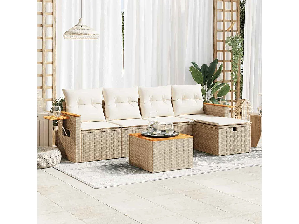 Salon de jardin avec coussins 6 pièces beige résine tressée