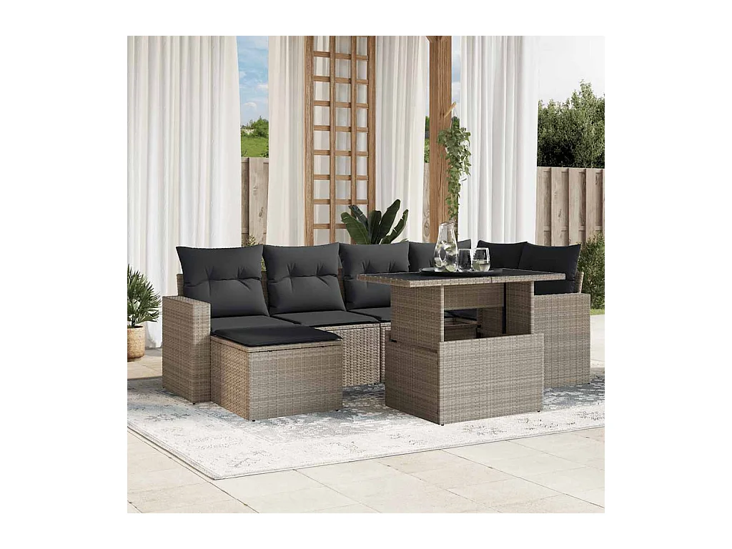 Salon de jardin avec coussins 7 pièces gris clair résine tressée