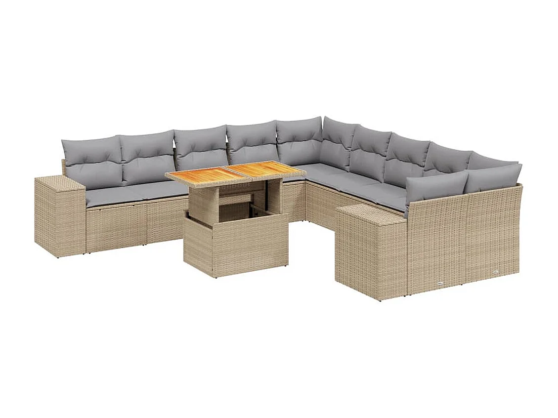 Salon de jardin 11 pièces avec coussins beige résine tressée