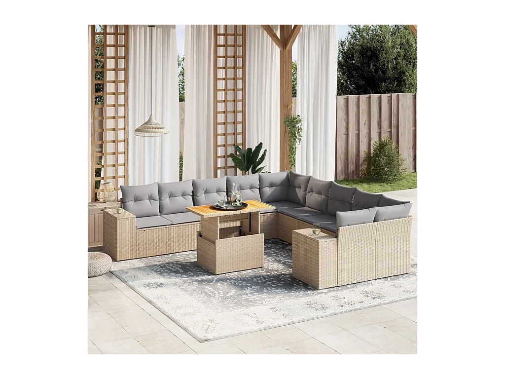 Salon de jardin 11 pièces avec coussins beige résine tressée
