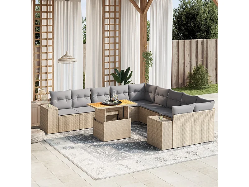 Salon de jardin 11 pièces avec coussins beige résine tressée