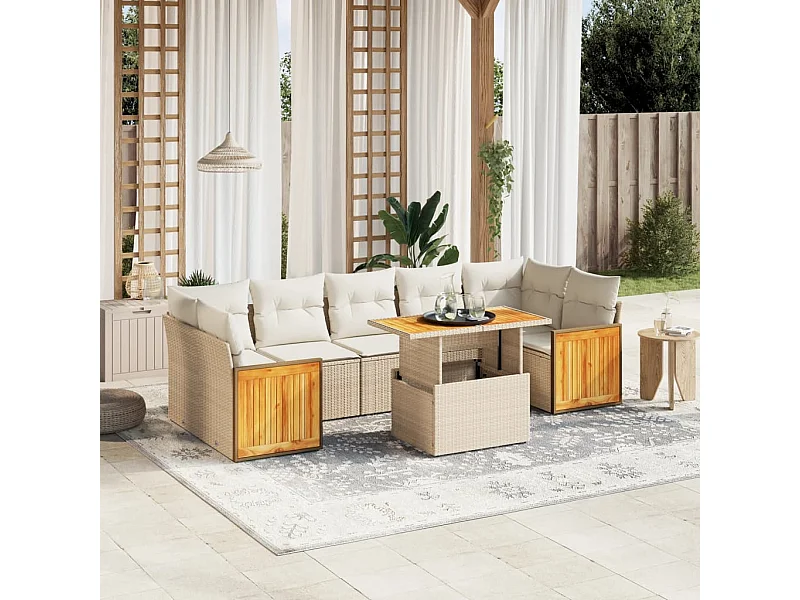Salon de jardin avec coussins 8 pièces beige résine tressée