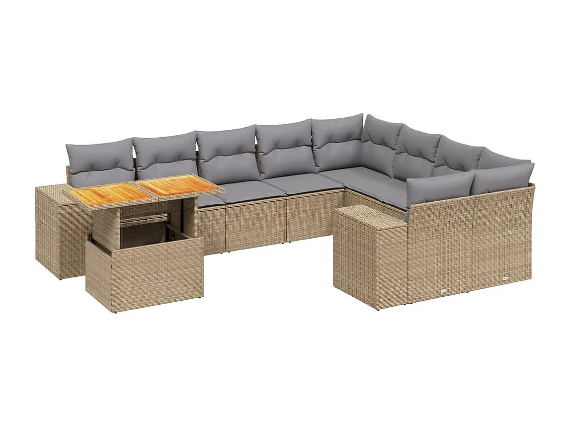 Salon de jardin avec coussins 10 pièces beige résine tressée