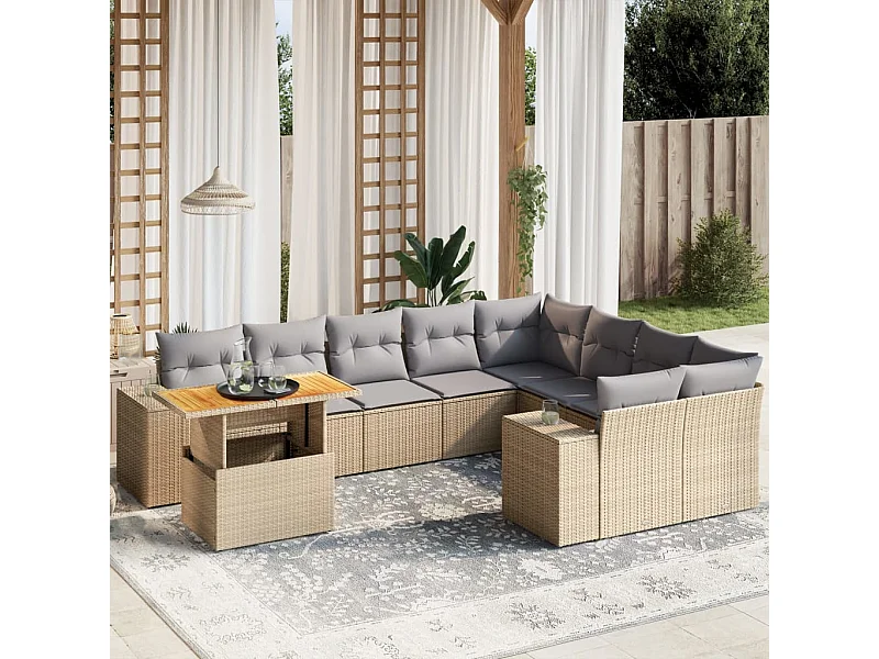 Salon de jardin avec coussins 10 pièces beige résine tressée