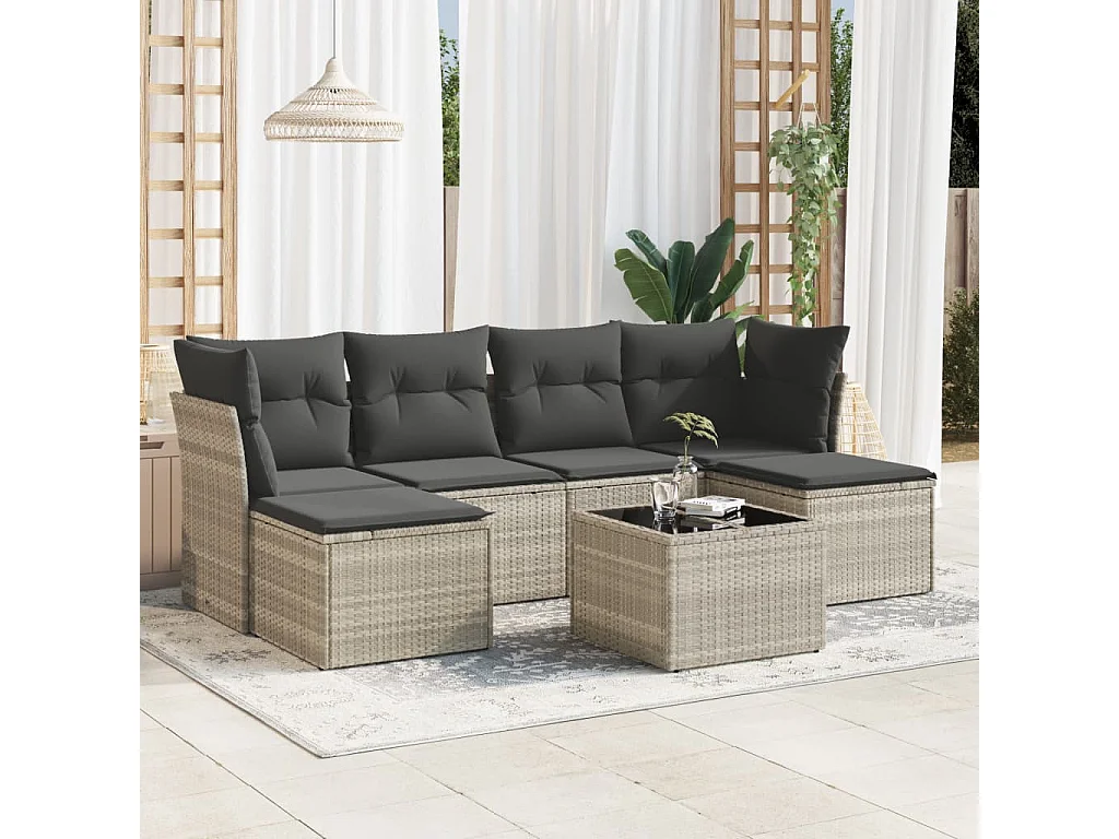 Salon de jardin avec coussins 7 pièces gris clair résine tressée