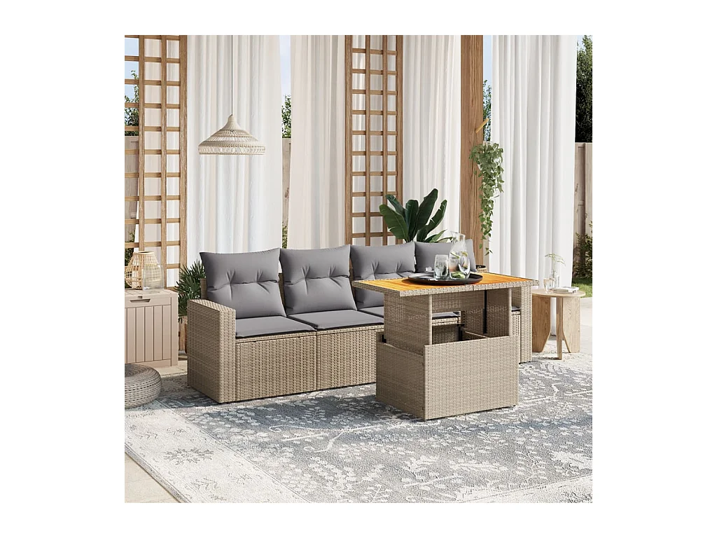 5-delige Loungeset met kussens poly rattan beige