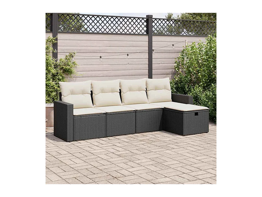 5-delige Loungeset met kussens poly rattan zwart