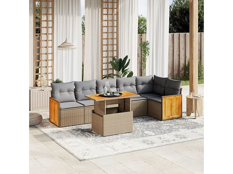 Salon de jardin avec coussins 7 pièces beige résine tressée