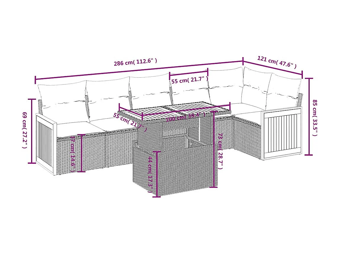 Salon de jardin avec coussins 7 pièces beige résine tressée