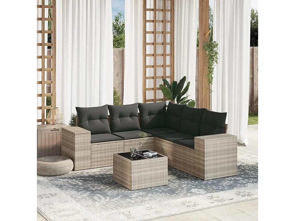 6-delige Loungeset met kussens poly rattan lichtgrijs