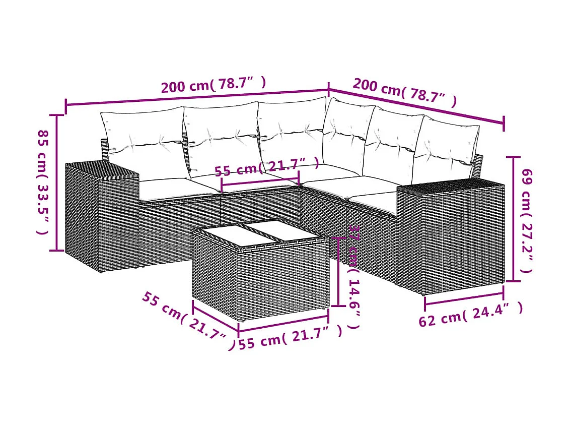 6-delige Loungeset met kussens poly rattan lichtgrijs