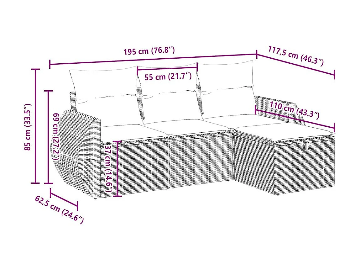 4-delige Loungeset met kussens poly rattan lichtgrijs