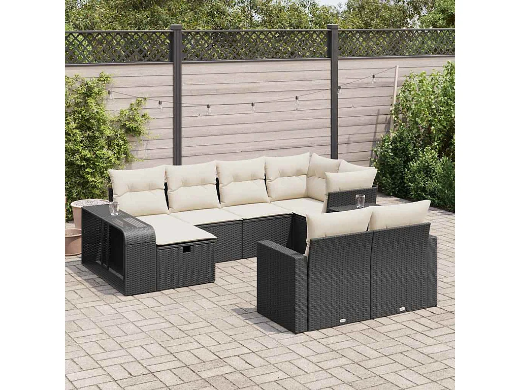 10 peças conjunto sofás de jardim com almofadões vime PE preto