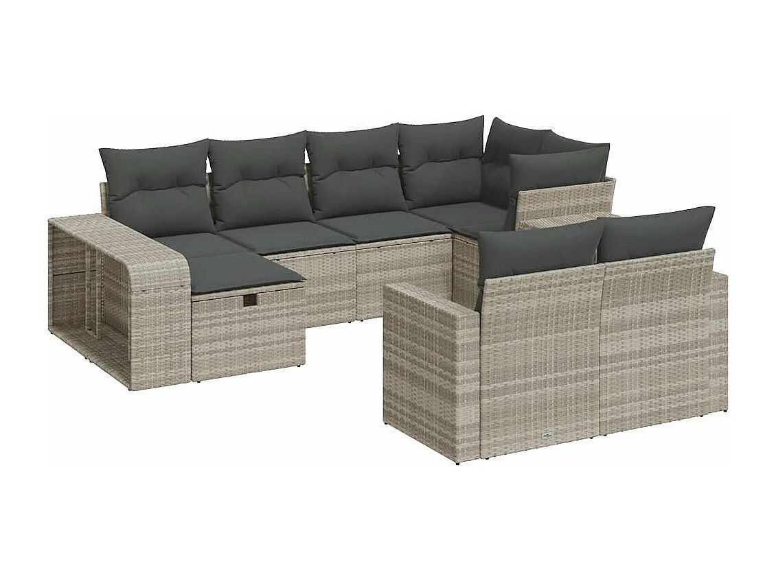 10 peças conj. sofás jardim com almofadões vime PE cinzento-claro