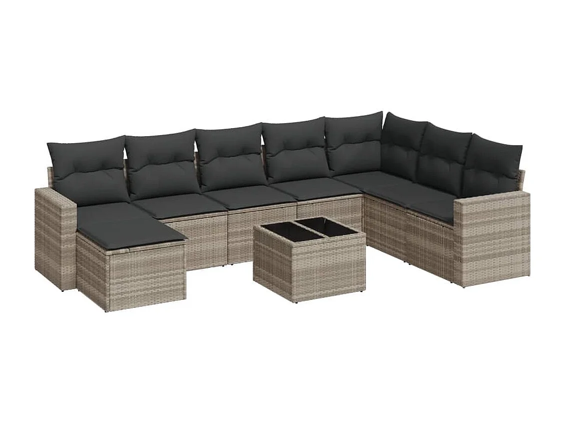 9-delige Loungeset met kussens poly rattan lichtgrijs