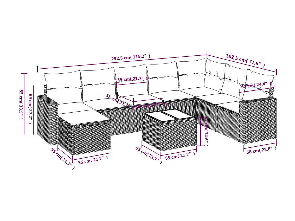 9-delige Loungeset met kussens poly rattan lichtgrijs