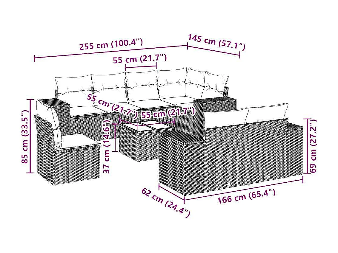 Salon de jardin 9 pièces avec coussins gris clair résine tressée
