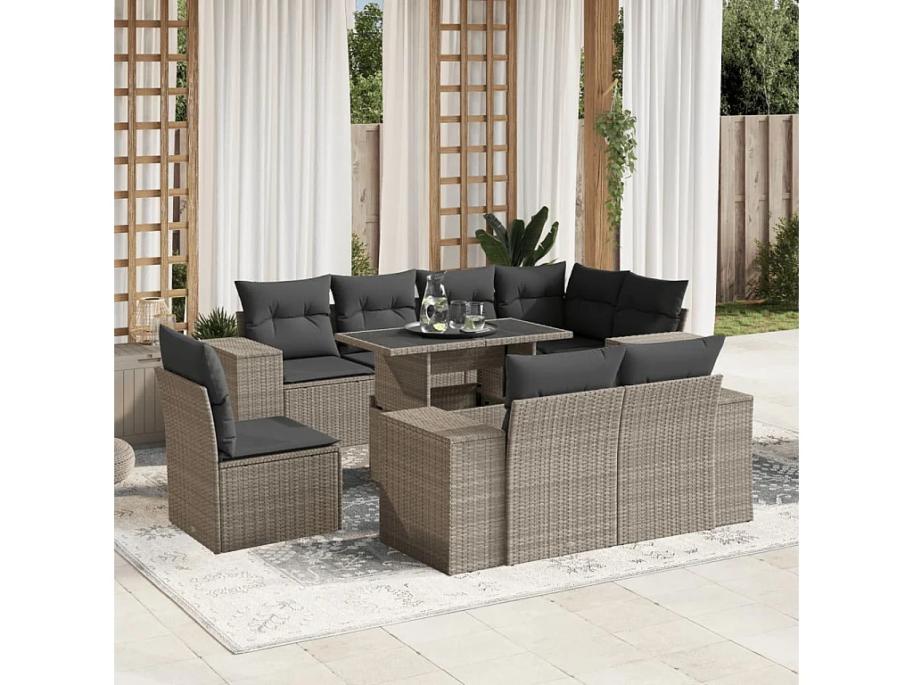 9-delige Loungeset met kussens poly rattan lichtgrijs