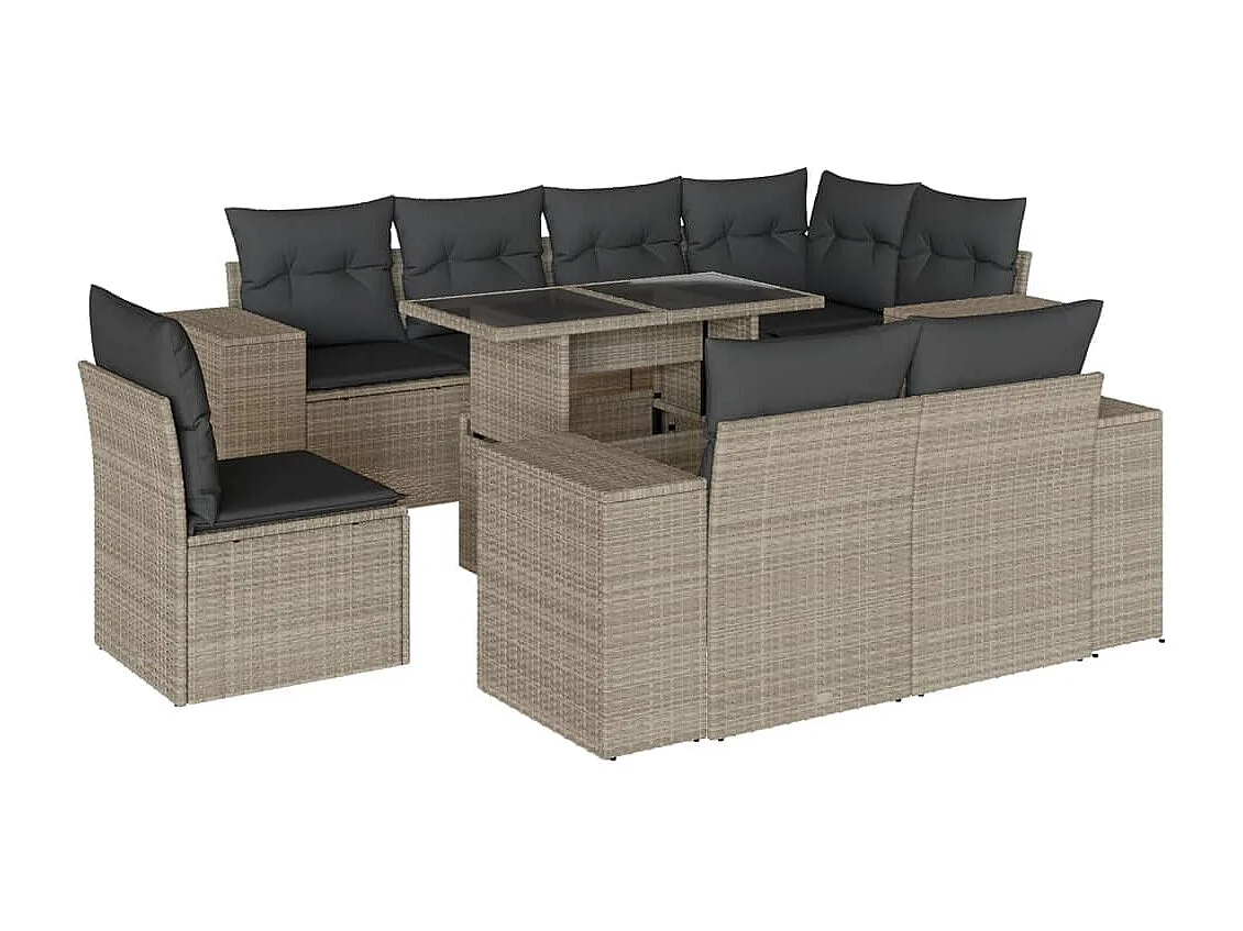 9-delige Loungeset met kussens poly rattan lichtgrijs