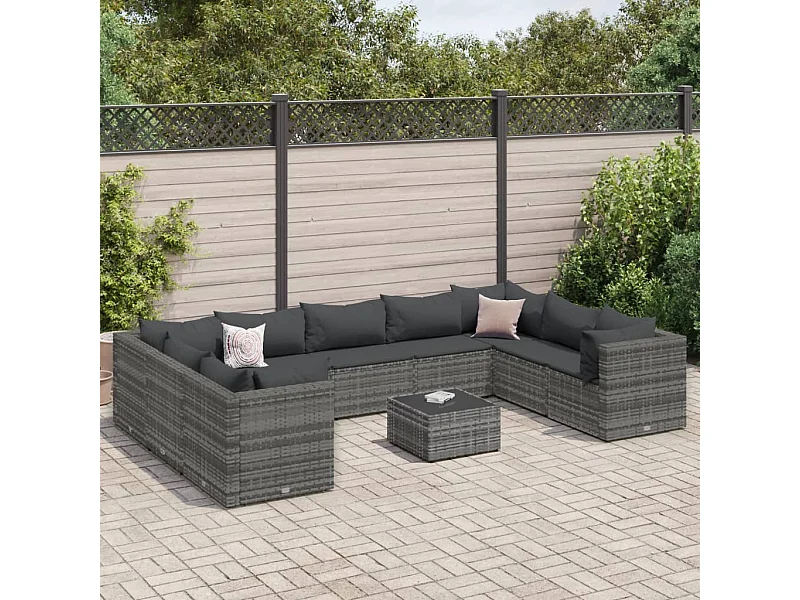 10 peças conjunto lounge de jardim com almofadões vime PE cinzento