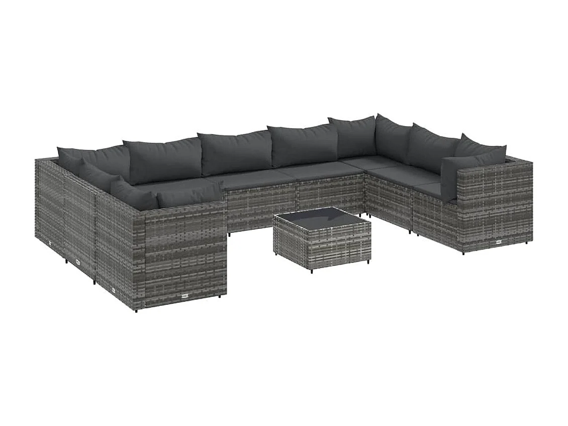 10 peças conjunto lounge de jardim com almofadões vime PE cinzento