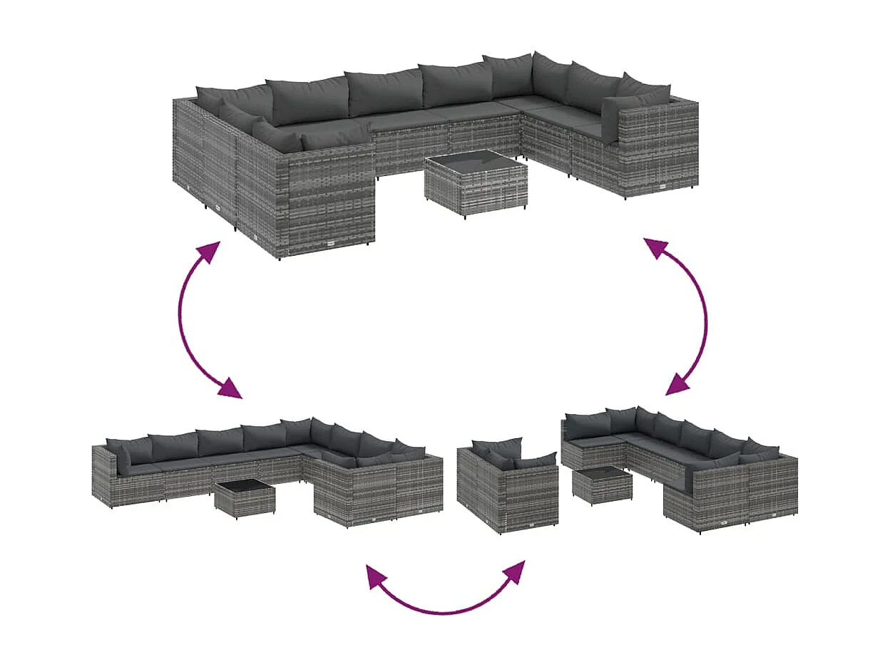 10 peças conjunto lounge de jardim com almofadões vime PE cinzento