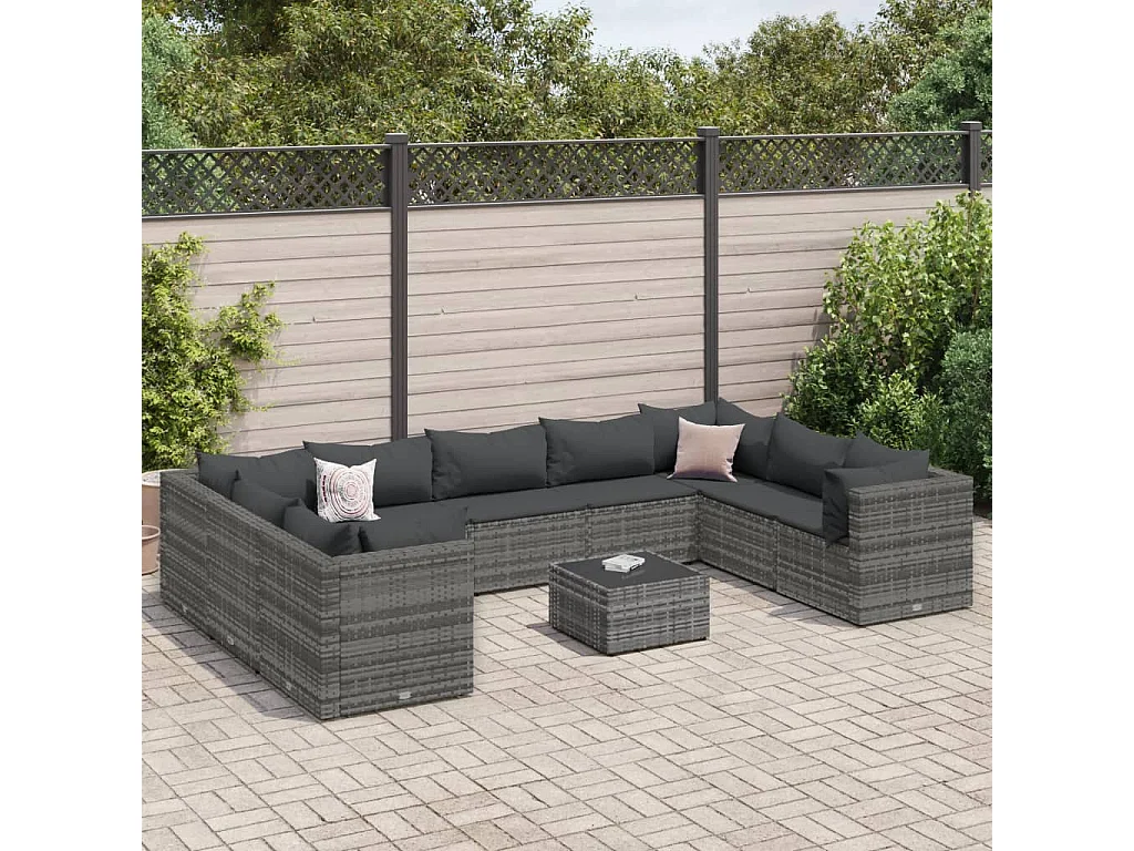 Set de muebles de jardín 10 piezas y cojines ratán sintético gris