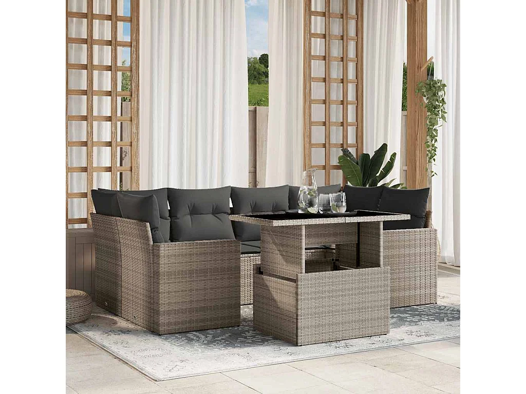 Salon de jardin avec coussins 7 pièces gris clair résine tressée