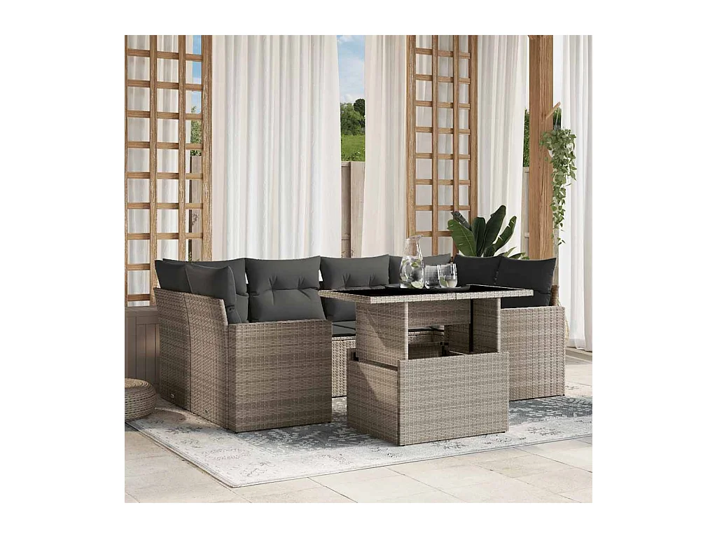 Set de sofás de jardín 7 piezas con cojines ratán PE gris claro