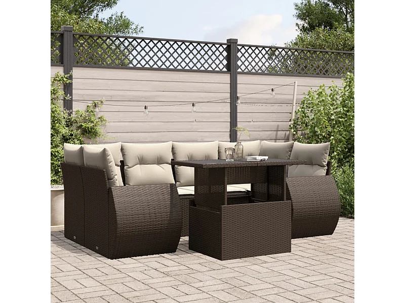 7-delige Loungeset met kussens poly rattan bruin