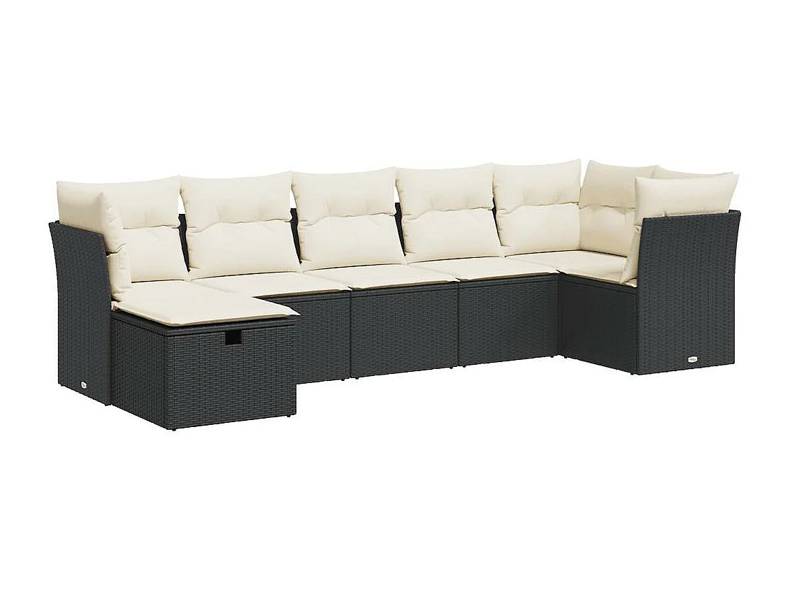 7-delige Loungeset met kussens poly rattan zwart