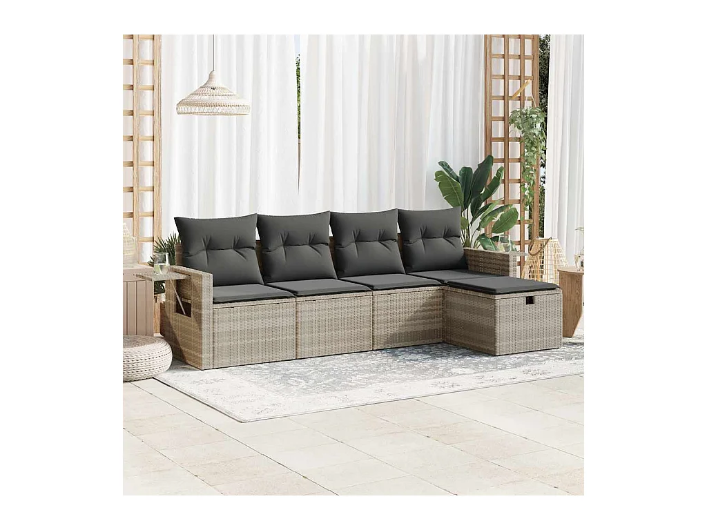 Salon de jardin 5 pièces avec coussins gris clair résine tressée