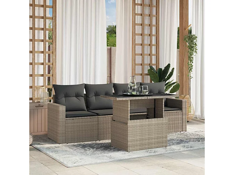 5-delige Loungeset met kussens poly rattan lichtgrijs
