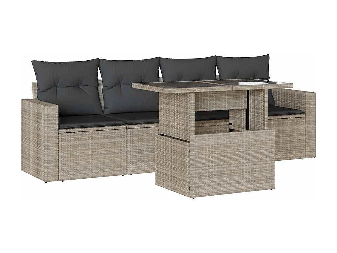 Salon de jardin 5 pièces avec coussins gris clair résine tressée