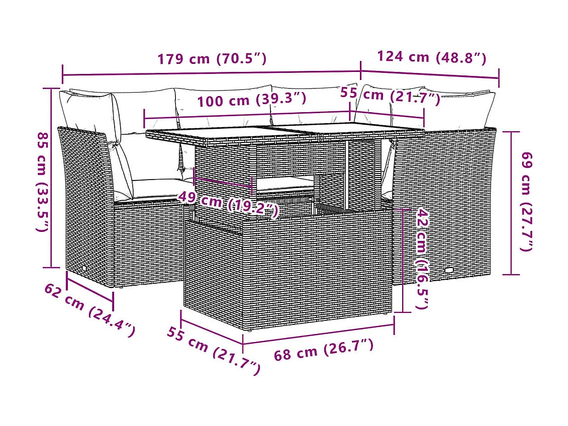 5-delige Loungeset met kussens poly rattan bruin