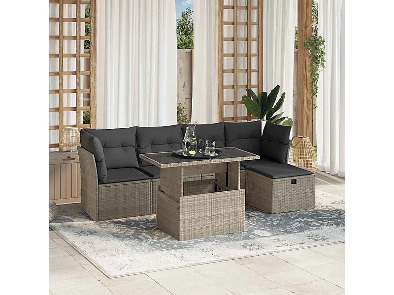 Set de sofás de jardín 6 piezas y cojines ratán sintético gris