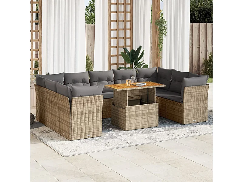 Salon de jardin avec coussins 10 pièces beige résine tressée