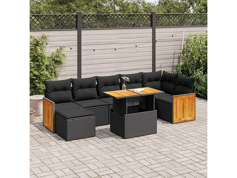 Set sofás jardín y cojines 7 piezas ratán sintético acacia negro