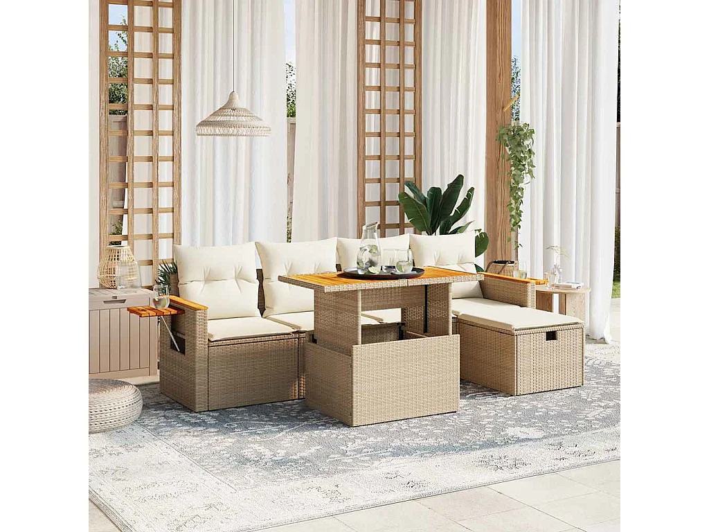 6-delige Loungeset met kussens poly rattan beige