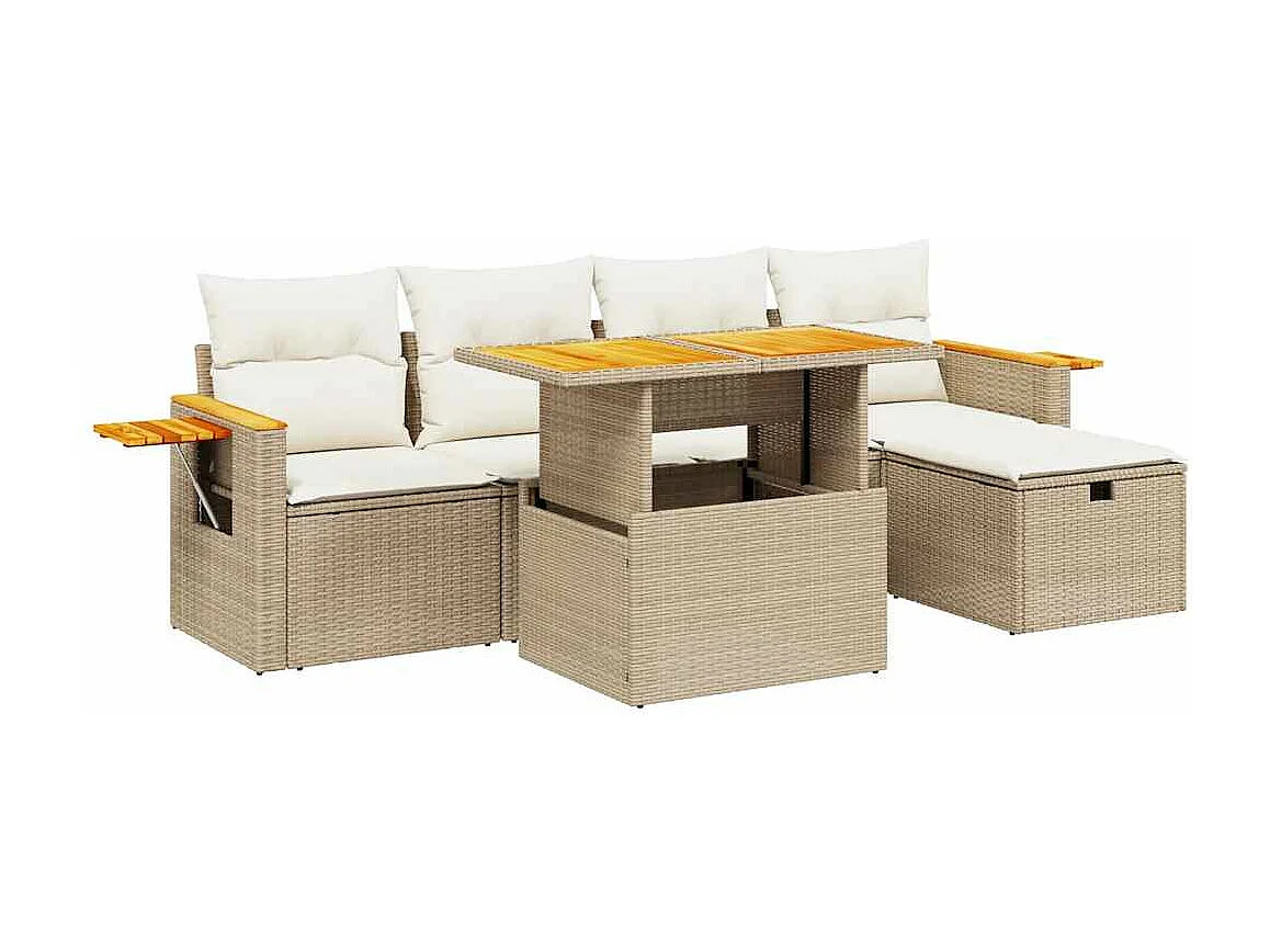 6-delige Loungeset met kussens poly rattan beige