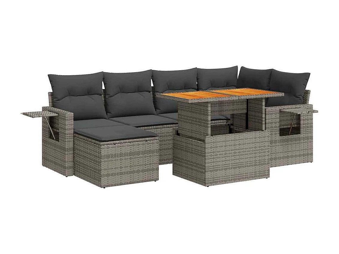 Set de sofás de jardín 7 piezas con cojines ratán sintético gris