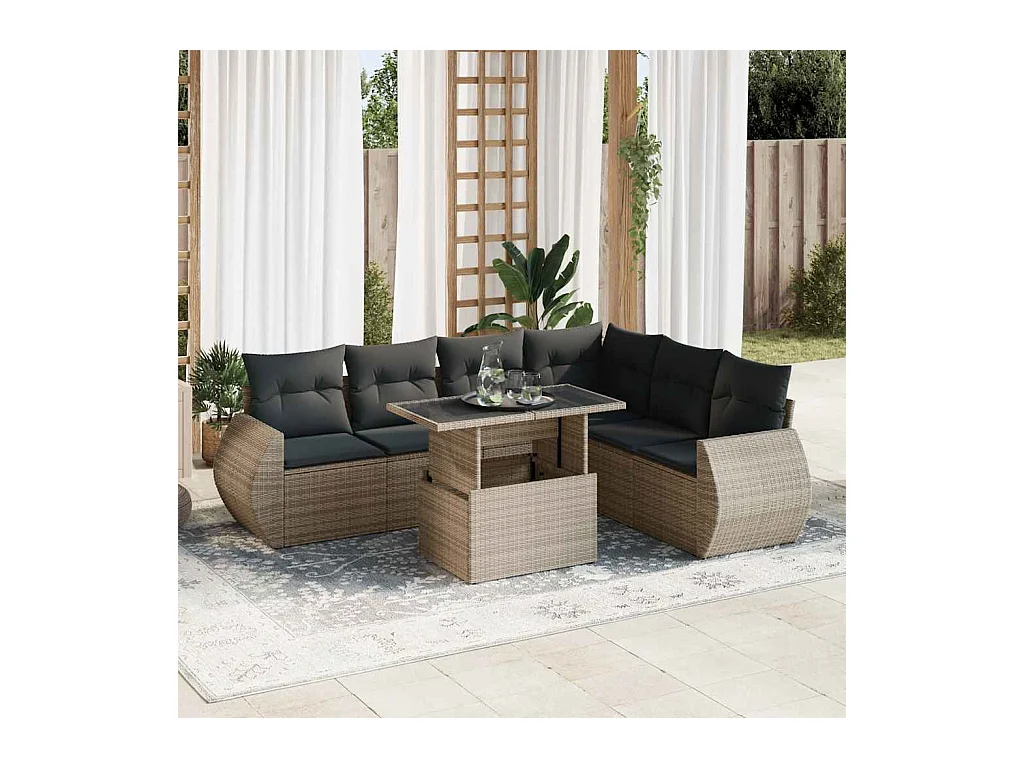 Salon de jardin avec coussins 7 pièces gris résine tressée