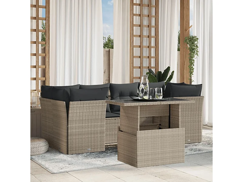 Set de sofás de jardín 7 piezas con cojines ratán PE gris claro